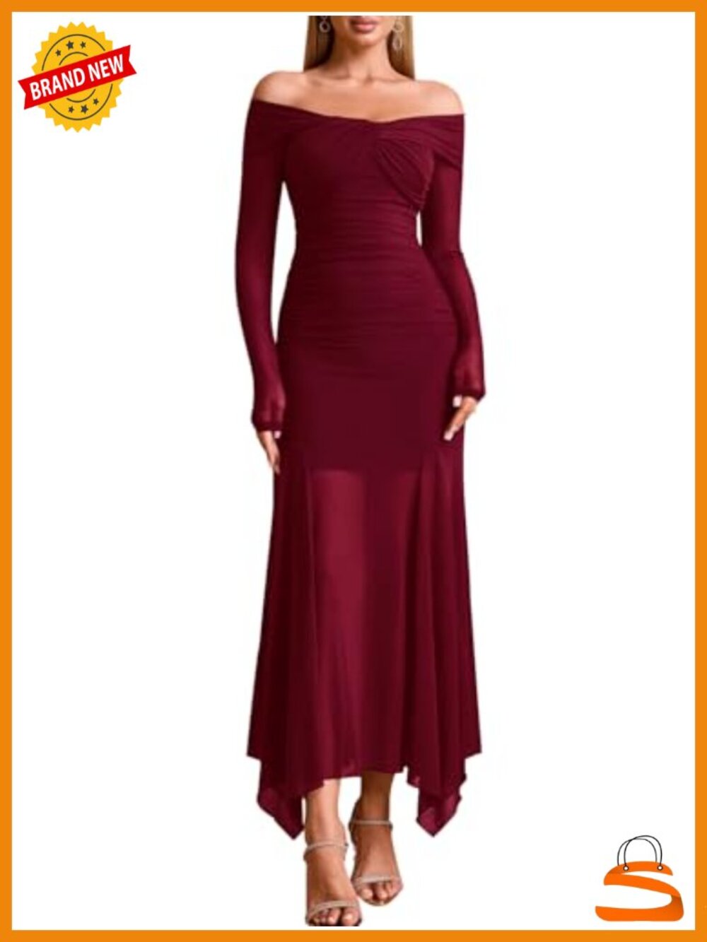 Off Shoulder Maxi Dress Long Sleeve Ruched Bodycon Asymmetrical Mesh Formal